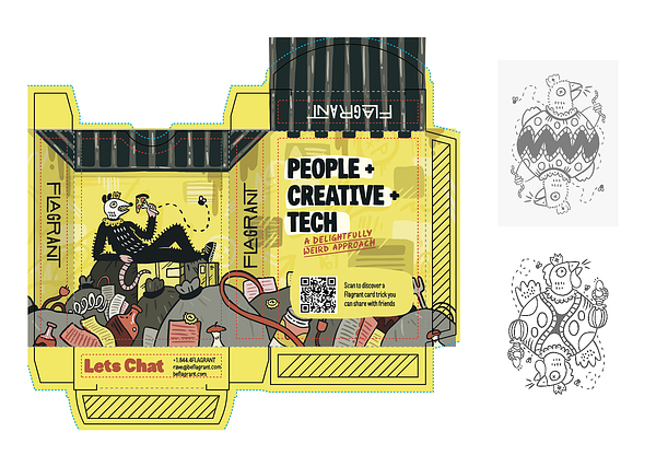 Sketched playing cards, box dieline with final design