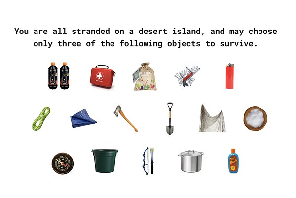 The survival objects The exercise prompt slide showing fifteen survival items arranged in three rows on a white background. The prompt reads: "You are all stranded on a desert island, and may choose only three of the following objects to survive." Items shown include two bottles of lamp oil, a first aid kit, a seed sack, a multi-tool, a lighter, a coil of rope, a blue tarp, an axe, a shovel, a fishing net, a bowl of salt, a compass, a bucket, a compound bow and arrows, a large stock pot, and sunblock.