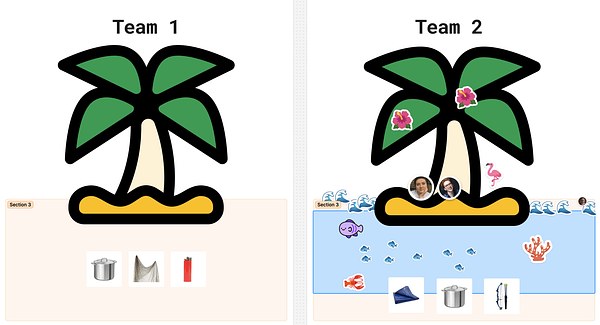 Two island examples with three objects selected. Team one had a pot, net and a lighter. Team two has a tarp, pot and bow and arrow.