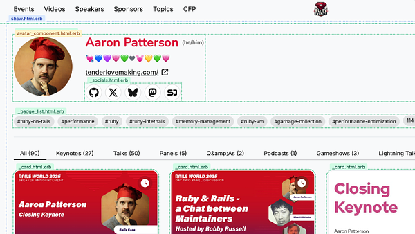 Screenshot example of herb erb output tags. Shows outlines of each erb tags with the file name and a dotted green outline around the content tags.