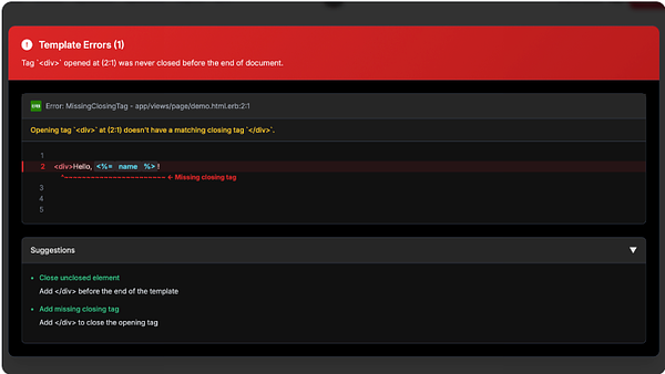 Screenshot example of how herb renders template errors during local development
