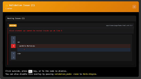 screenshot example of herb validation error. Show exactly where issue is in the code with helpful descriptive text
