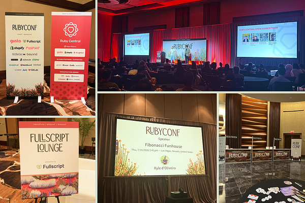 Pictures from the conference: wayfinding signs, presentations decks, and the registration desk.