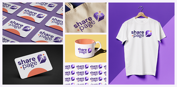 The share.page logo applied to swag such as t-shirts, mugs and business cards