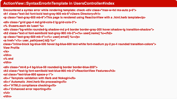 screenshot example of how a ruby on rails application renders an error during local development. Lots of text, hard to sift through
