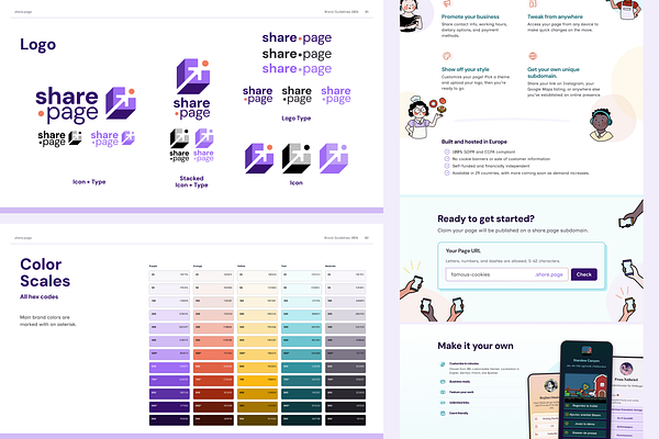 Final share.page logo marks, colors and a mockup of their website