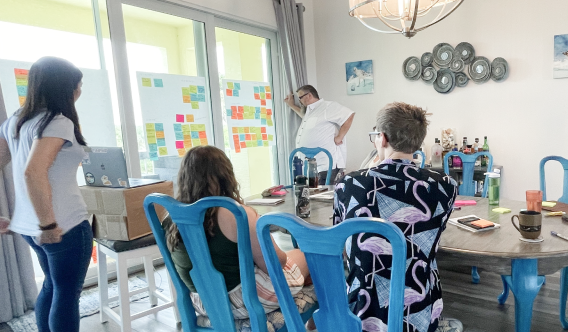 A group of Flagrant team members are seated at a table covered in pens and paper, watching another team member standing next to a wall with a big piece of paper covered in bright sticky notes. Everone's attention is on the sticky notes.