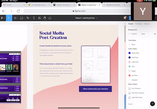 Screen shot taken of Maya working Figma. The design that is displayed is the "Social Media Post Creation' page of Maya's learn book