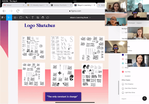 Screen shot taken during a Zoom 'Design Crit'. Captured screen shows Maya presenting numerous iterations of a logo that she is designing to members of the Flagrant Design and Development team.