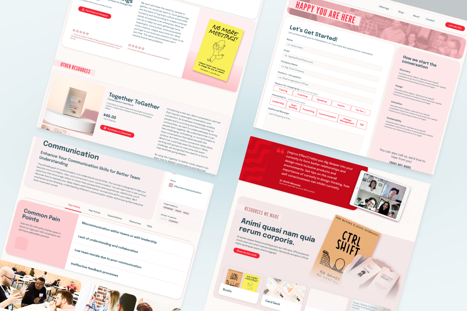 Interior pages of The Improv Effect website showing resources, communication workshops, and a contact form. Sections include product listings like "Together ToGather" card deck, a communication training program with common pain points, and a “Let’s Get Started” inquiry form.
