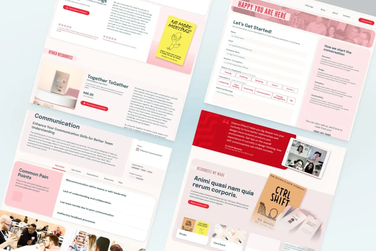Interior pages of The Improv Effect website showing resources, communication workshops, and a contact form. Sections include product listings like "Together ToGather" card deck, a communication training program with common pain points, and a “Let’s Get Started” inquiry form.