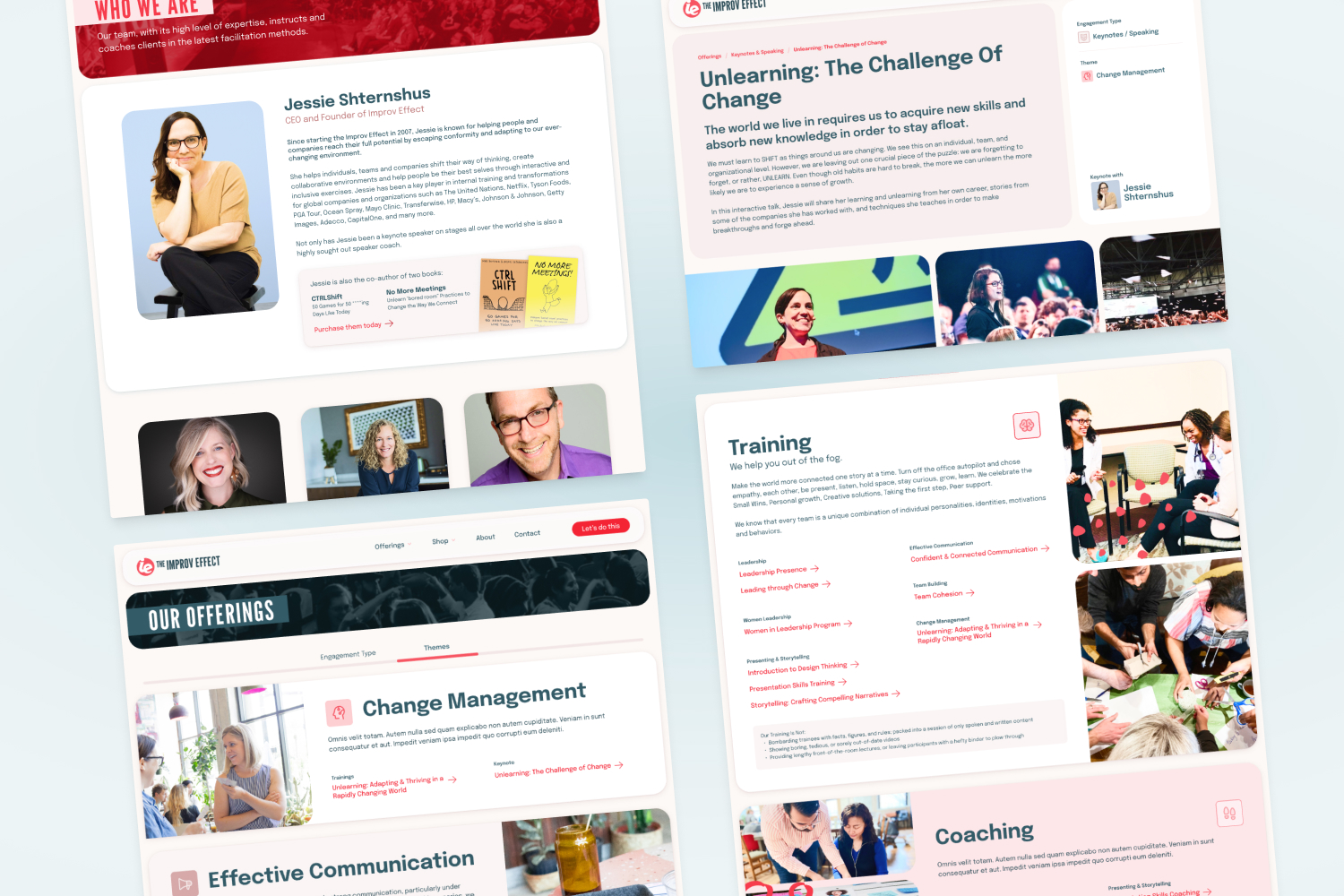 The Improv Effect website pages highlighting team bios, keynote topics, and training programs. Jessie Shternshus’ bio is shown alongside her books. Other sections feature offerings like "Change Management," "Effective Communication," and "Coaching," with workshop images and detailed descriptions.