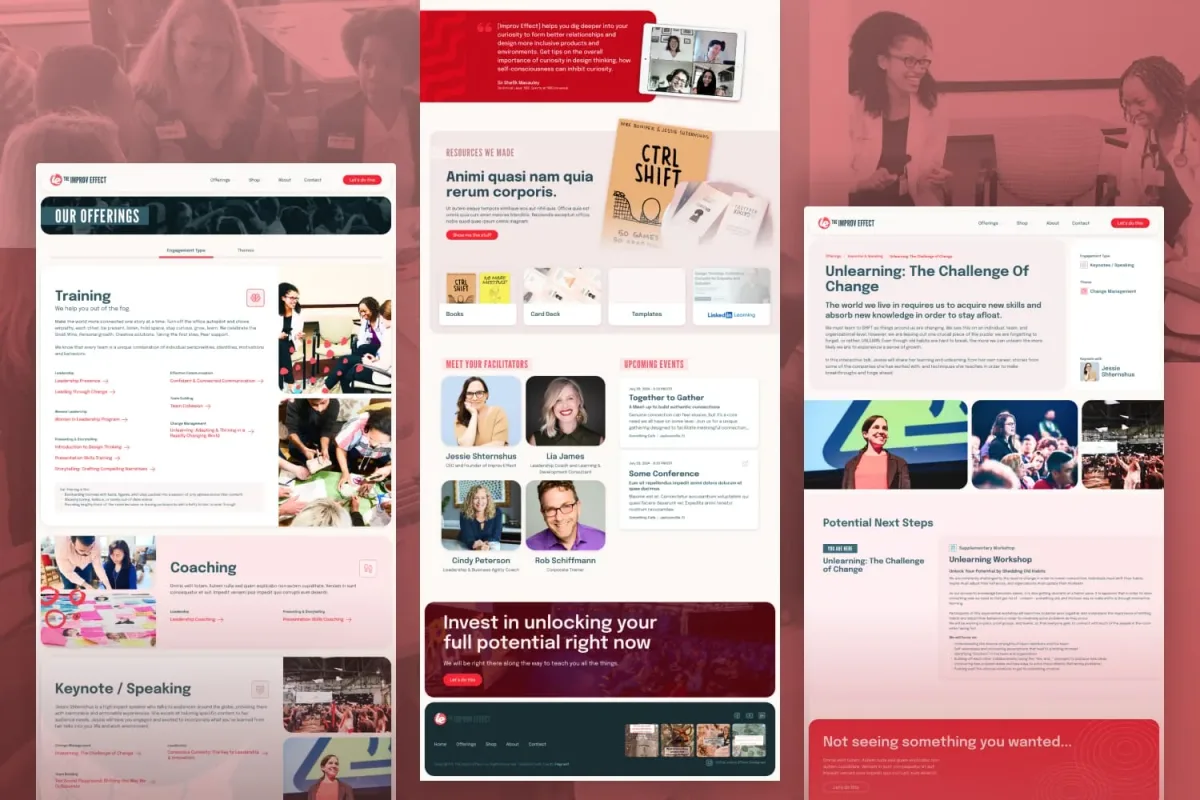 Various pages from The Improv Effect website showing service offerings and resources. The left column highlights training, coaching, and keynote services with photos of interactive sessions. The right column highlights a keynote topic "Unlearning: The Challenge of Change," featured resources like the "CTRL Shift" book, facilitator bios, and upcoming events.