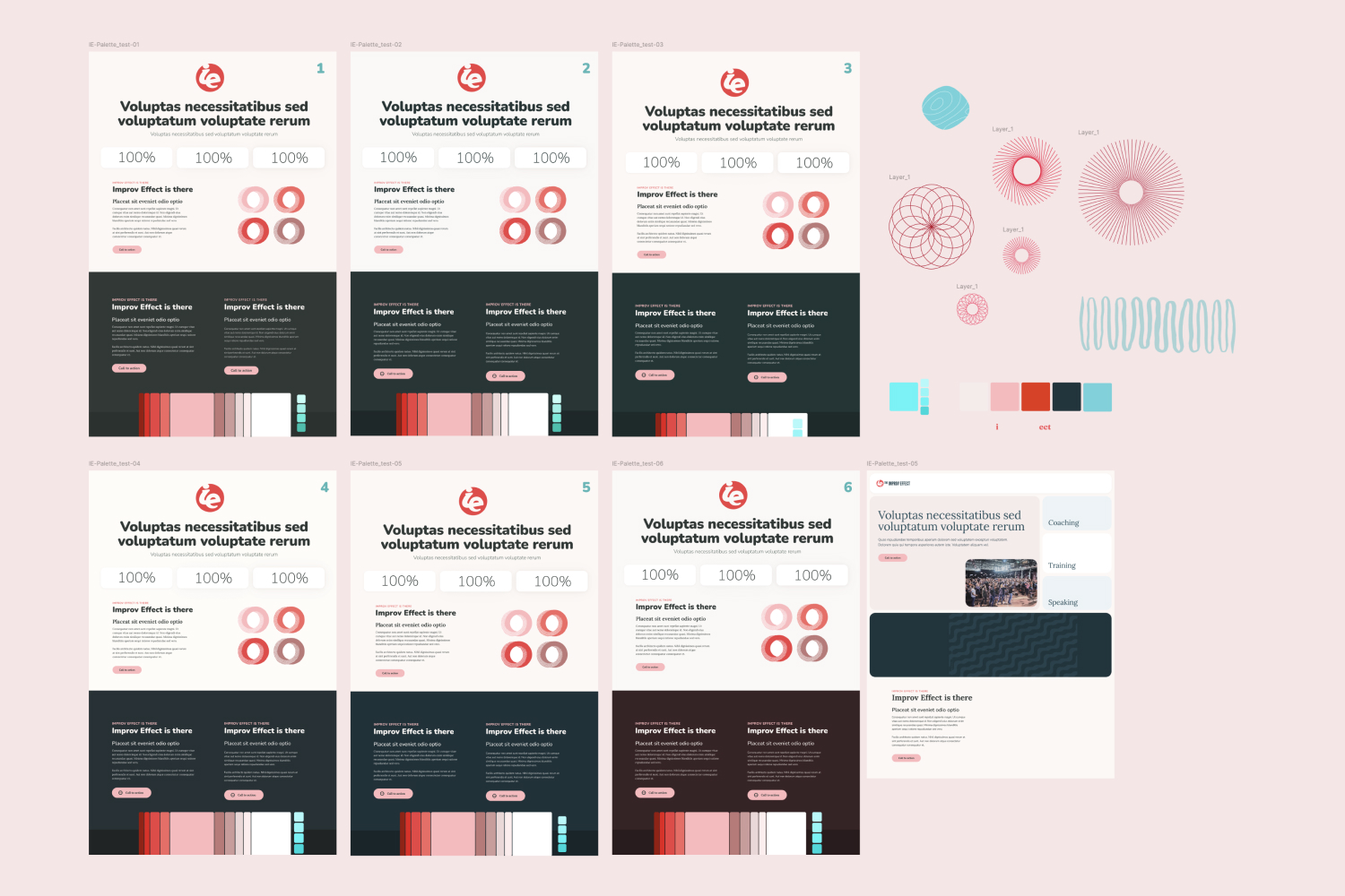 A design board showcasing six UI layout variations for The Improv Effect website, exploring different visual styles, typography, and color schemes. The board includes radial graphic elements, circular charts, and segmented color bars. A palette of red, pink, teal, blue, and black shades is displayed alongside abstract wireframe graphics, reflecting branding explorations and interface design directions.
