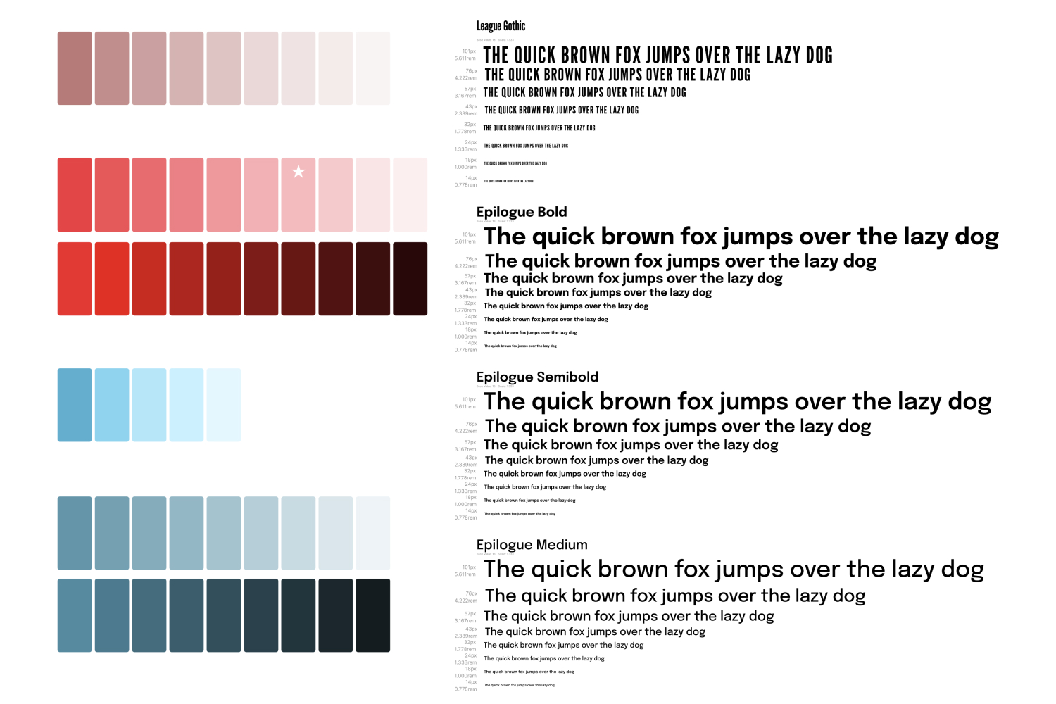A visual guide displaying typography styles and a comprehensive color palette for The Improv Effect branding. It includes font samples for “League Gothic” and “Epilogue” in bold, semibold, and medium weights. Color palettes are grouped by hue: pinks, reds, blues, and teals, each shown in gradients from light to dark. The layout provides a clear reference for brand consistency across design applications.