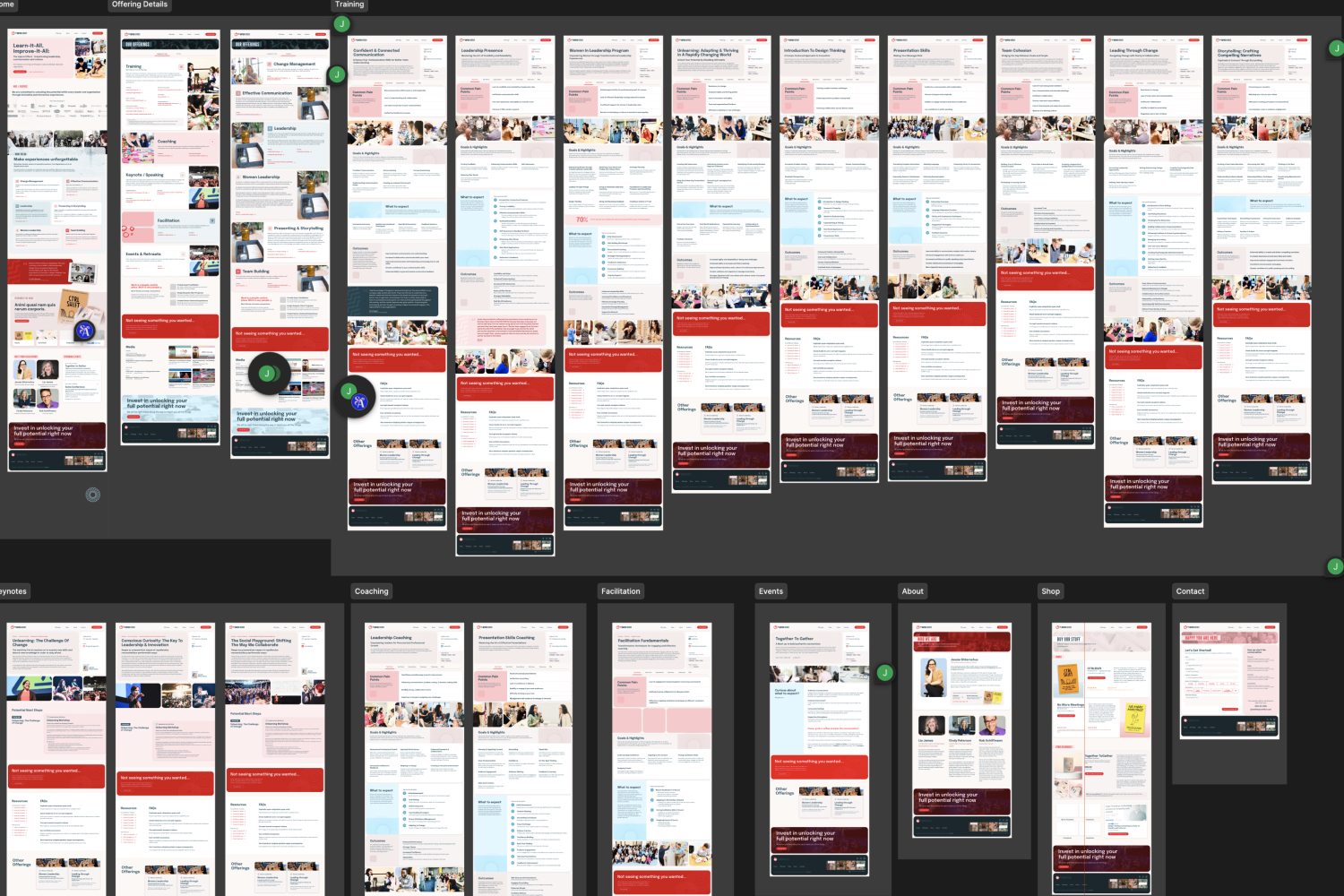 Full-page design system overview for The Improv Effect’s redesigned website. The image shows a series of screen mockups laid out in a grid, including homepage, offering details, training, coaching, facilitation, events, about, shop, and contact pages. Each page features the new light pink, red, and blue color palette, consistent layouts with clear sections, and prominent call-to-action areas.