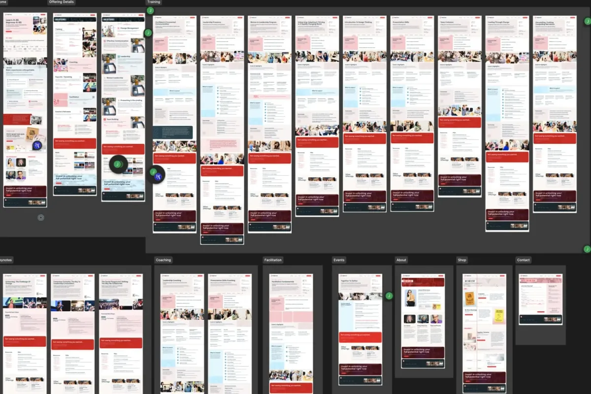 Full-page design system overview for The Improv Effect’s redesigned website. The image shows a series of screen mockups laid out in a grid, including homepage, offering details, training, coaching, facilitation, events, about, shop, and contact pages. Each page features the new light pink, red, and blue color palette, consistent layouts with clear sections, and prominent call-to-action areas.