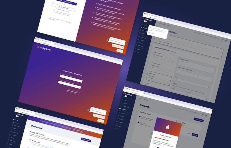 Multiple screen shots displaying FireHydrant's redesigned front-end