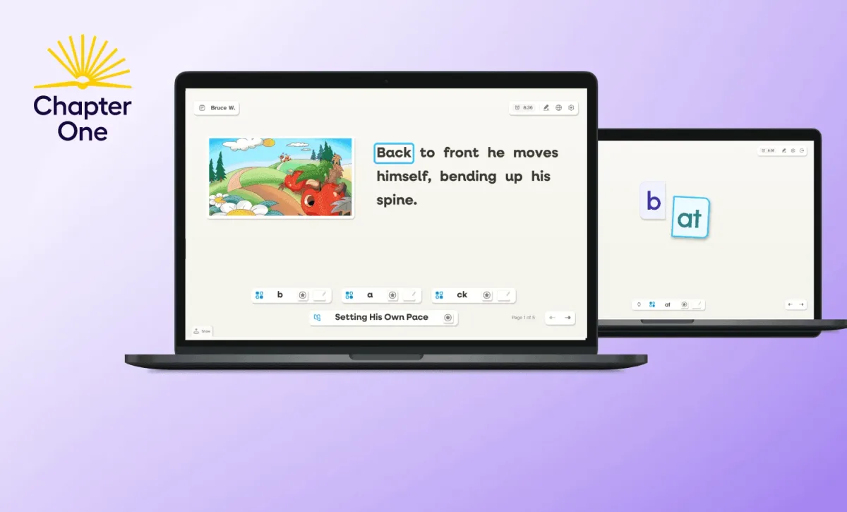 The Chapter One logo appears in the upper left on a purple background. There’s a laptop showing the instruction app’s story view with an illustration and sentences from an early reading exercise.