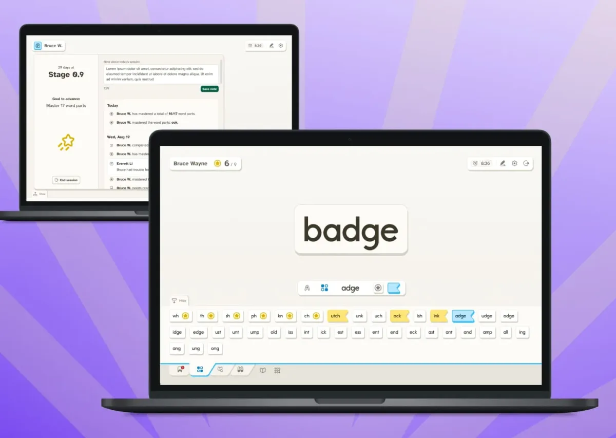 On the laptop screen in front, the Chapter One app shows the word ‘badge,’ with a drawer below that contains other words and word parts. The laptop screen in back has a dialog open showing the student’s reading level, an activity log, and an area where instructors can leave notes.