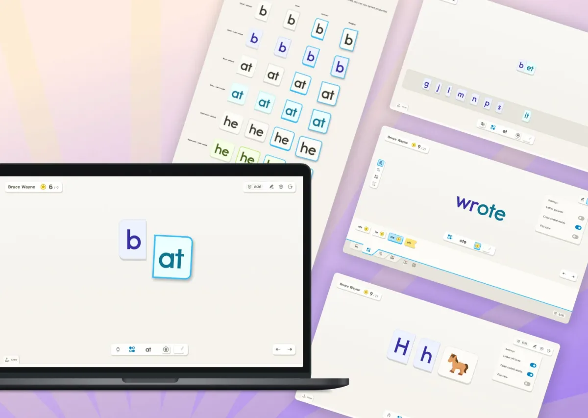 The word parts ‘b’ and ‘at’ appear as colorful blocks on a laptop screen showing Chapter One’s app. Behind the laptop are several other screen designs displayed as a grid across a purple background. They show word building activities, color-coded words, and an illustration of a horse paired with the letter ‘H.’