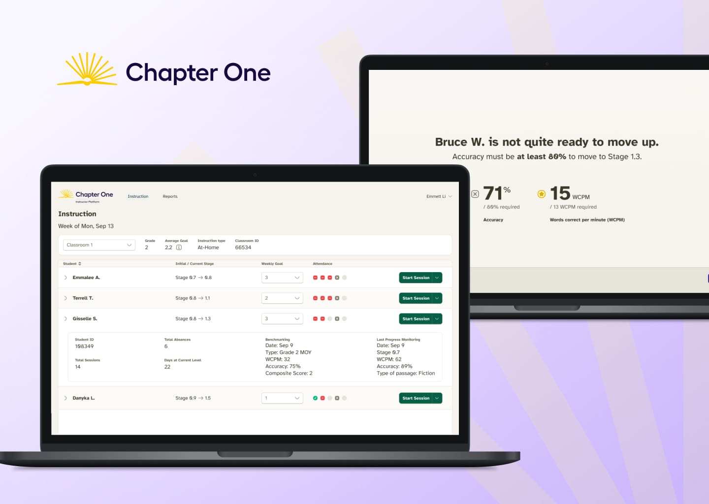 Two laptop screens. One shows a table of student data with a ‘Start session’ button in each row. The second laptop screen shows a student’s score after they’ve completed an assessment to determine whether they are ready to level up.