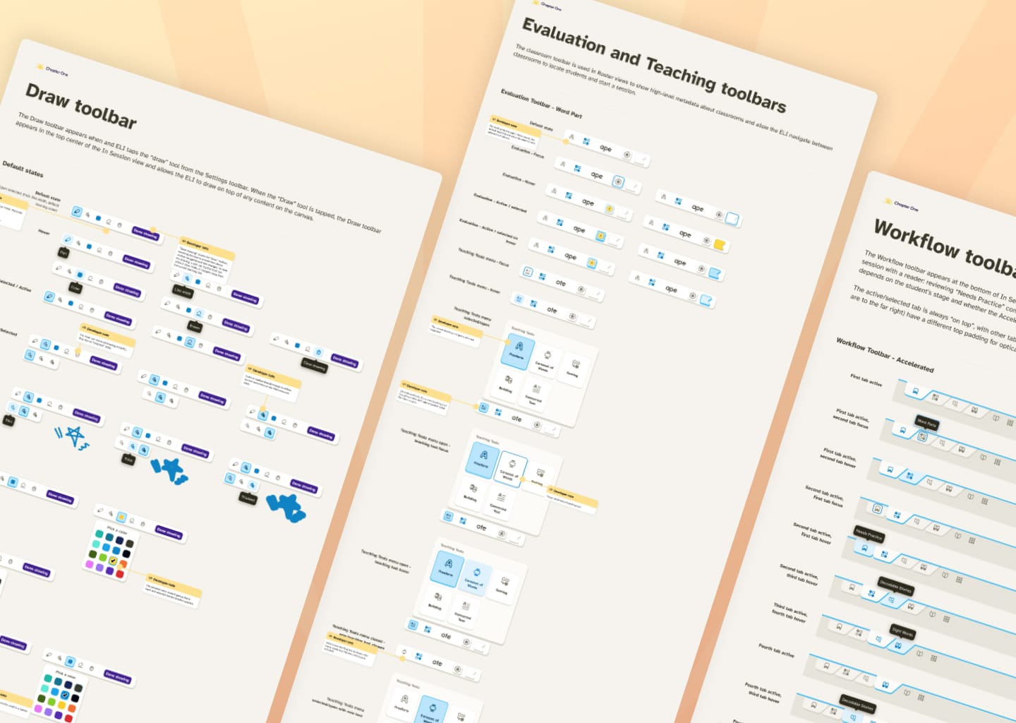 Documentation showing all the interactive states of canvas-based toolbars like a draw toolbar with a color picker, menus for switching between modes, and a workflow navigation that mimics folder tabs.
