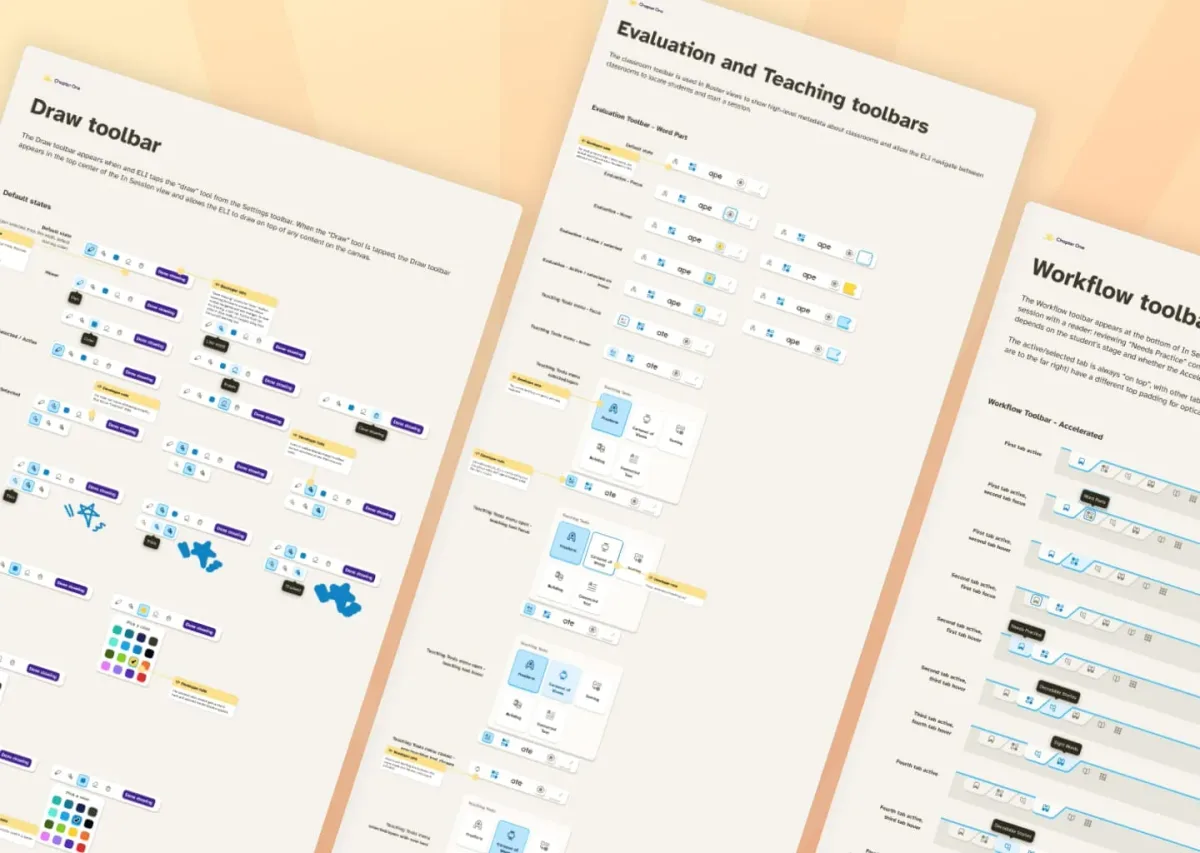 Documentation showing all the interactive states of canvas-based toolbars like a draw toolbar with a color picker, menus for switching between modes, and a workflow navigation that mimics folder tabs.