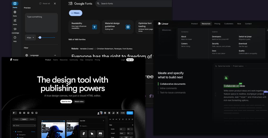 Screen captures of three websites are layered on top of each other, each appearing with a dark mode look and feel: Google Fonts, Framer, and Linear.