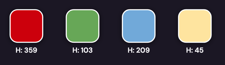 Four color swatches with their H or hue values beneath each. From left to right: red (H: 359), green (H: 103), blue (H: 209), yellow (H: 45)
