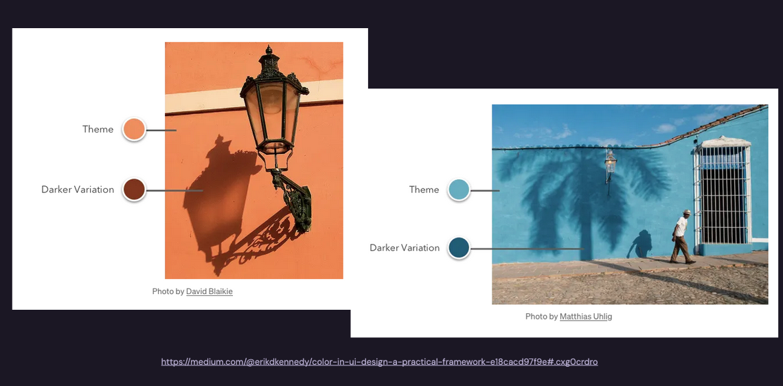 Two photographs from Erik Kennedy's article about color show colors in the real world. On the left is a street lamp casting a shadow against an orange wall, with color swatches showing two oranges—one taken from the orange wall in sunlight and one taken from the area of the street lamp's shadow against the wall. On the right is a street scene showing a palm tree casting a shadow against a blue wall as a man walks past. Two color swatches show the blue of the wall in sunlight vs. the darker blue where the tree is casting its shadow.