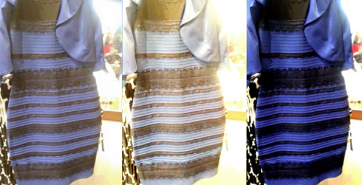 The dress from a popular meme of 'is this dress blue and black? or white and gold?' appears 3 times in slightly different lighting emphasizing either the perspective that it's blue and black (higher saturation and contrast) or white and gold (lower light, lower contrast and lower saturation) to illustrate the point that color perception is contextual.