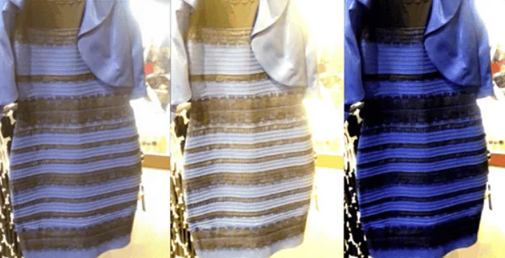 The dress from a popular meme of 'is this dress blue and black? or white and gold?' appears 3 times in slightly different lighting emphasizing either the perspective that it's blue and black (higher saturation and contrast) or white and gold (lower light, lower contrast and lower saturation) to illustrate the point that color perception is contextual.