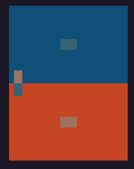 A midnight blue rectangle with a smaller, less-saturated blue rectangle in its center. In the bottom left corner of the larger blue rectangle is another small rectangle that's brown. Under the blue rectangles is a large red rectangle with a small reddish rectangle in its center. In the upper left of the red rectangle is a dark blue rectangle.
