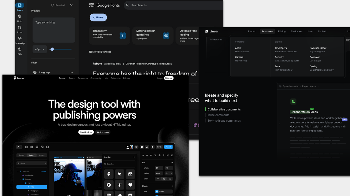 Screen captures of three websites are layered on top of each other, each appearing with a dark mode look and feel: Google Fonts, Framer, and Linear.
