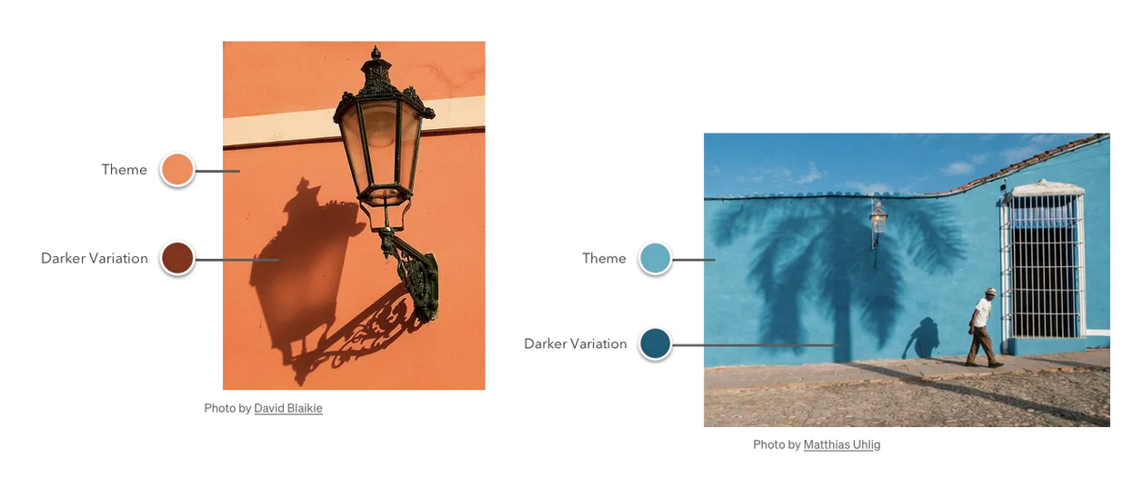 Two photographs from Erik Kennedy's article about color show colors in the real world. On the left is a street lamp casting a shadow against an orange wall, with color swatches showing two oranges—one taken from the orange wall in sunlight and one taken from the area of the street lamp's shadow against the wall. On the right is a street scene showing a palm tree casting a shadow against a blue wall as a man walks past. Two color swatches show the blue of the wall in sunlight vs. the darker blue where the tree is casting its shadow.