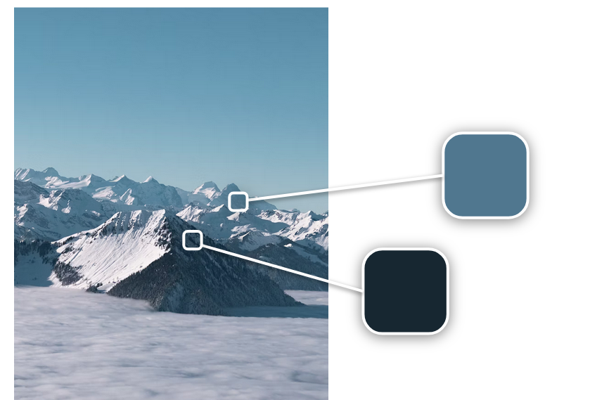 Snow-capped mountains are nearby and also as a long range across the horizon in the distance. A nearby mountain's shadowed face has a small square over it that connects to a bluish-black color swatch. The shadowed face of a mountain in the distance has a small square that connects to a second color swatch, which is a light Prussian blue color.