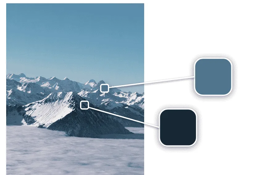 Snow-capped mountains are nearby and also as a long range across the horizon in the distance. A nearby mountain's shadowed face has a small square over it that connects to a bluish-black color swatch. The shadowed face of a mountain in the distance has a small square that connects to a second color swatch, which is a light Prussian blue color.
