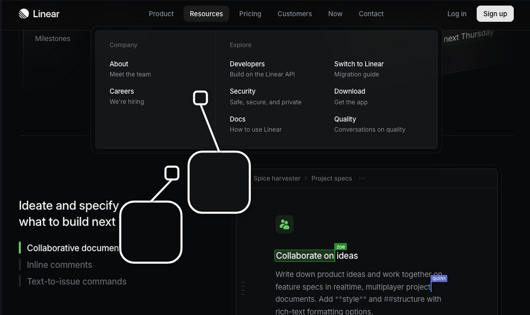 Linear's homepage with a "Resources" flyover menu open. A swatch connecting to the main homepage background is very dark black in appearance. A swatch connecting to the background color of the flyover menu on top of the homepage is a slightly lighter dark gray color.