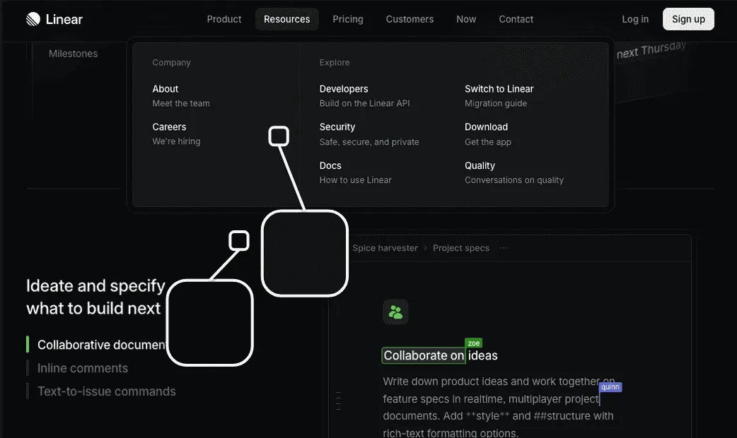 Linear's homepage with a "Resources" flyover menu open. A swatch connecting to the main homepage background is very dark black in appearance. A swatch connecting to the background color of the flyover menu on top of the homepage is a slightly lighter dark gray color.