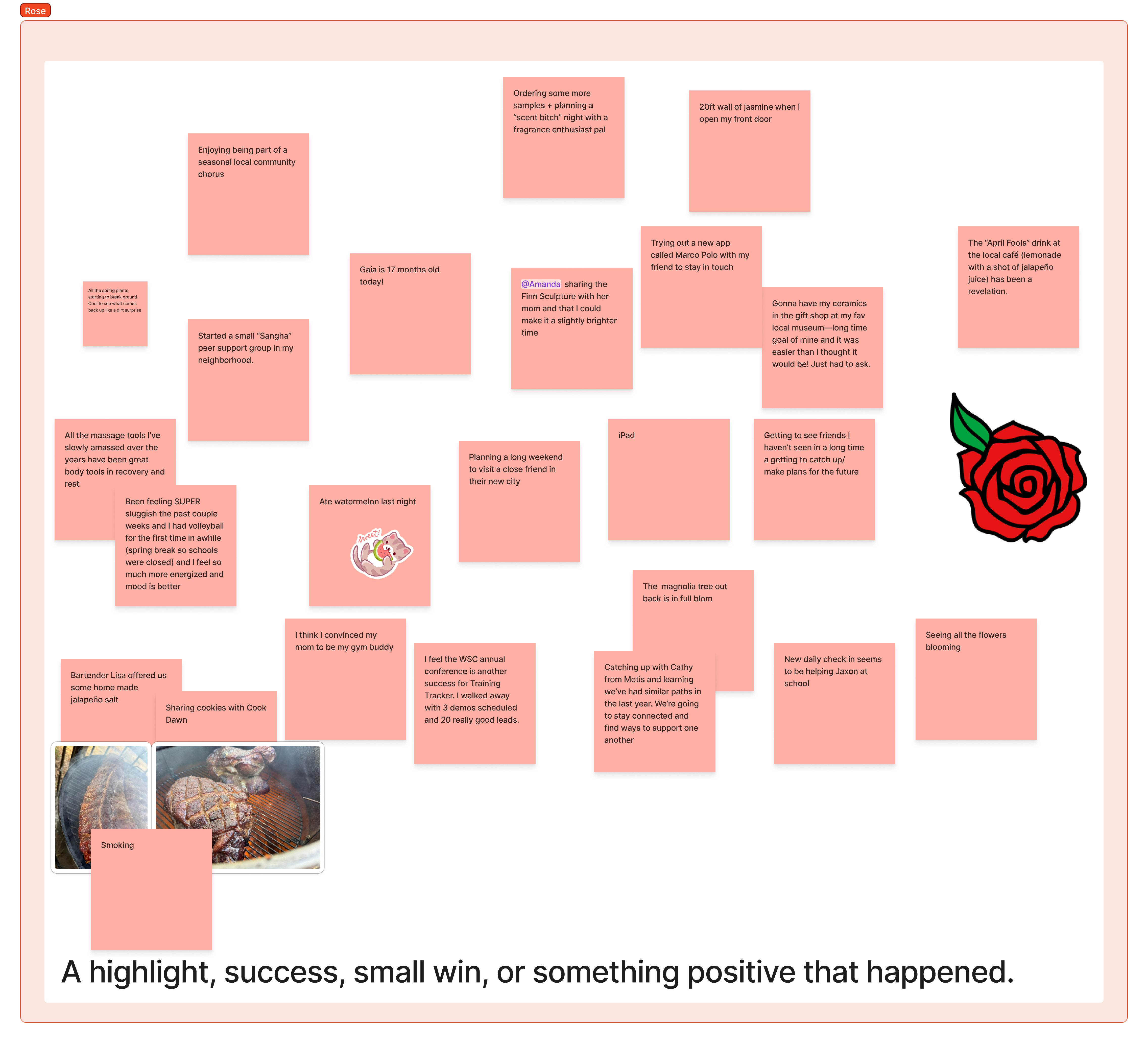 Collage of post-it notes of the Flagrant team's Roses this week.