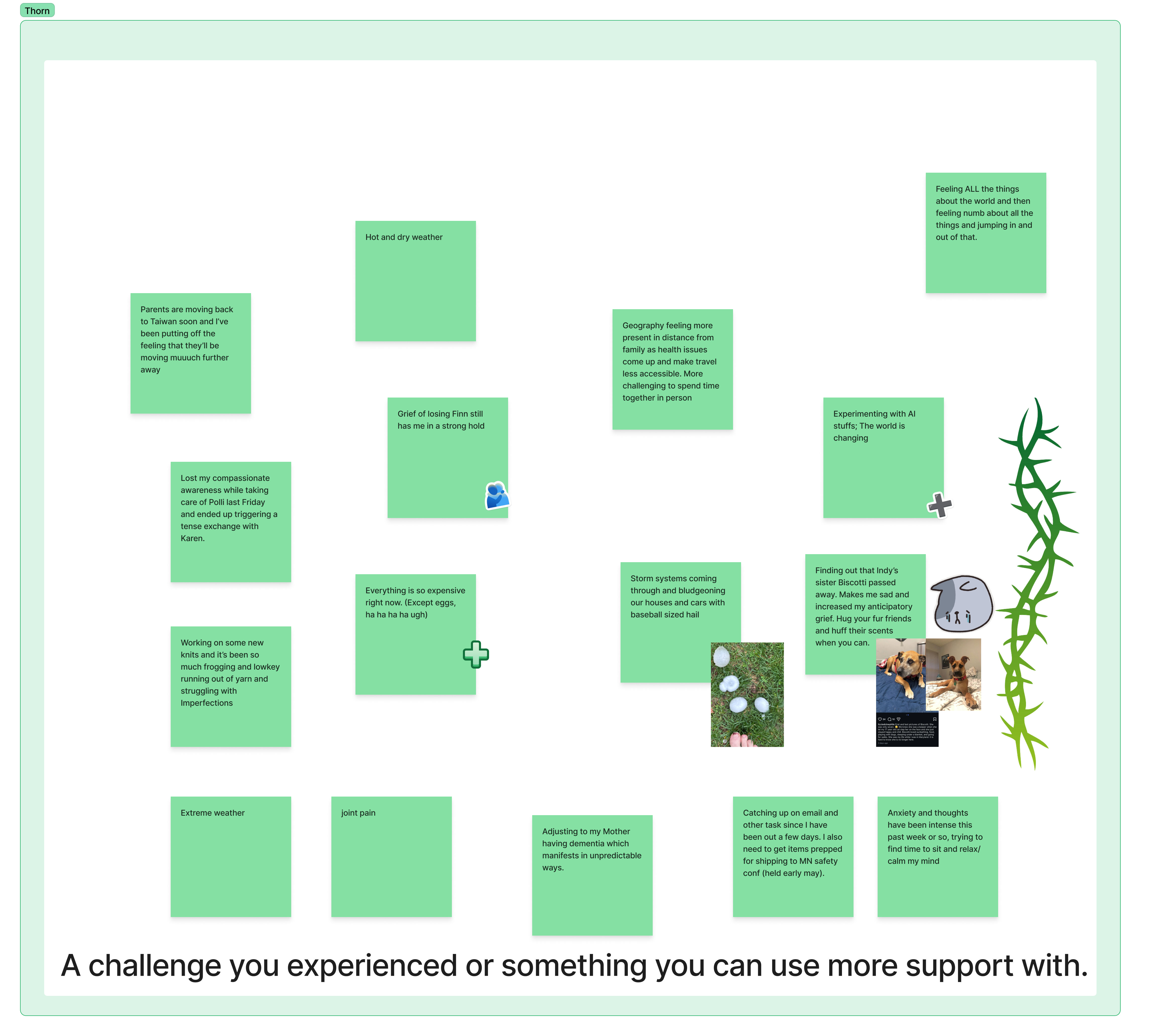 Collage of post-it notes of the Flagrant team's Thorns this week.