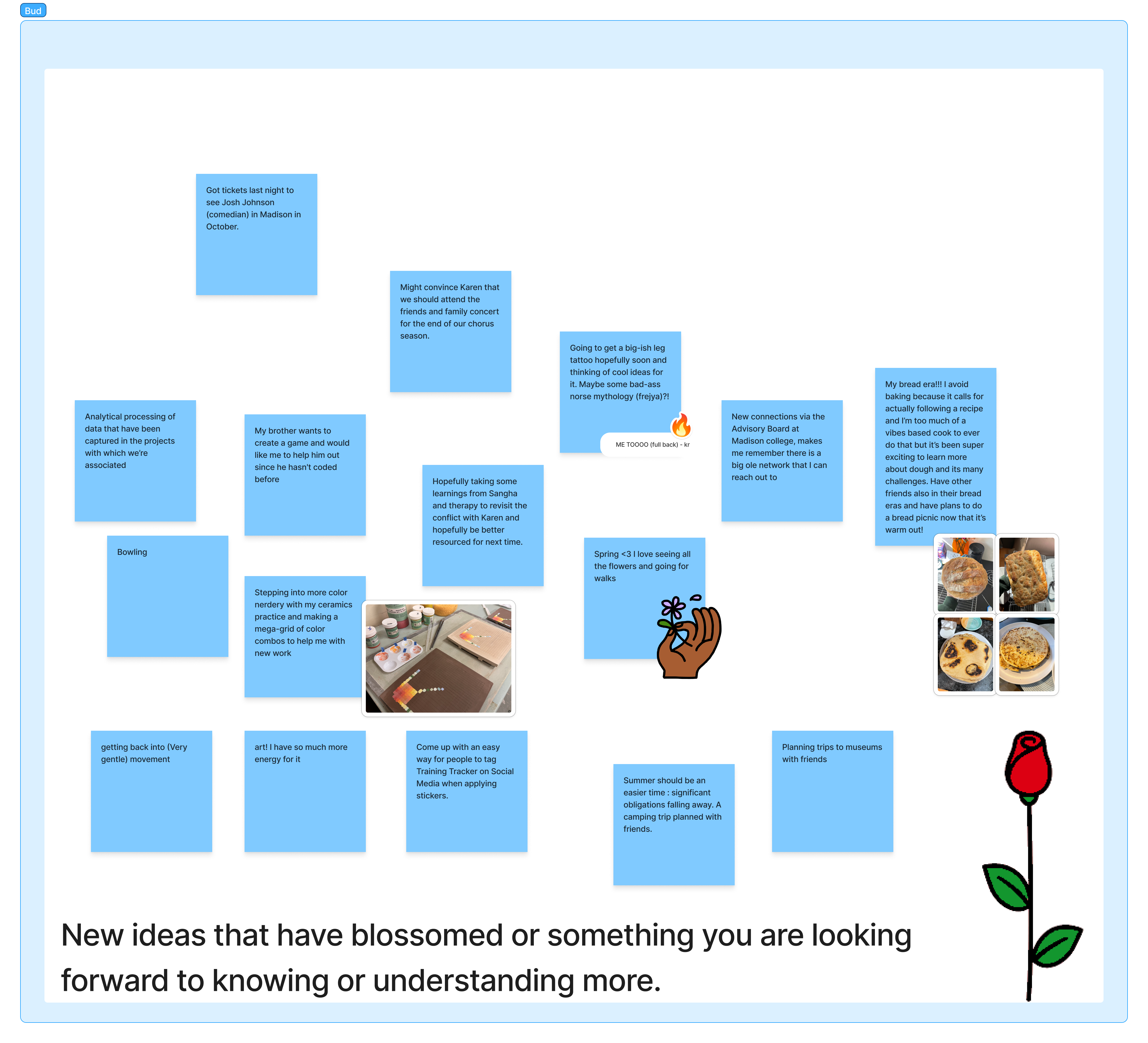 Collage of post-it notes of the Flagrant team's Buds for this week.