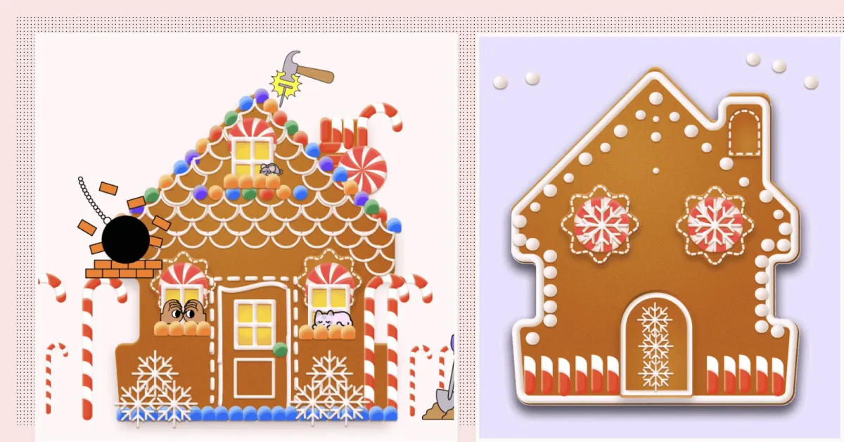 An under-construction gingerbread house plastered with frosting, gumdrops, peppermint candies, and candy canes. A sweet gingerbread house lined with frosted dots and candy canes.