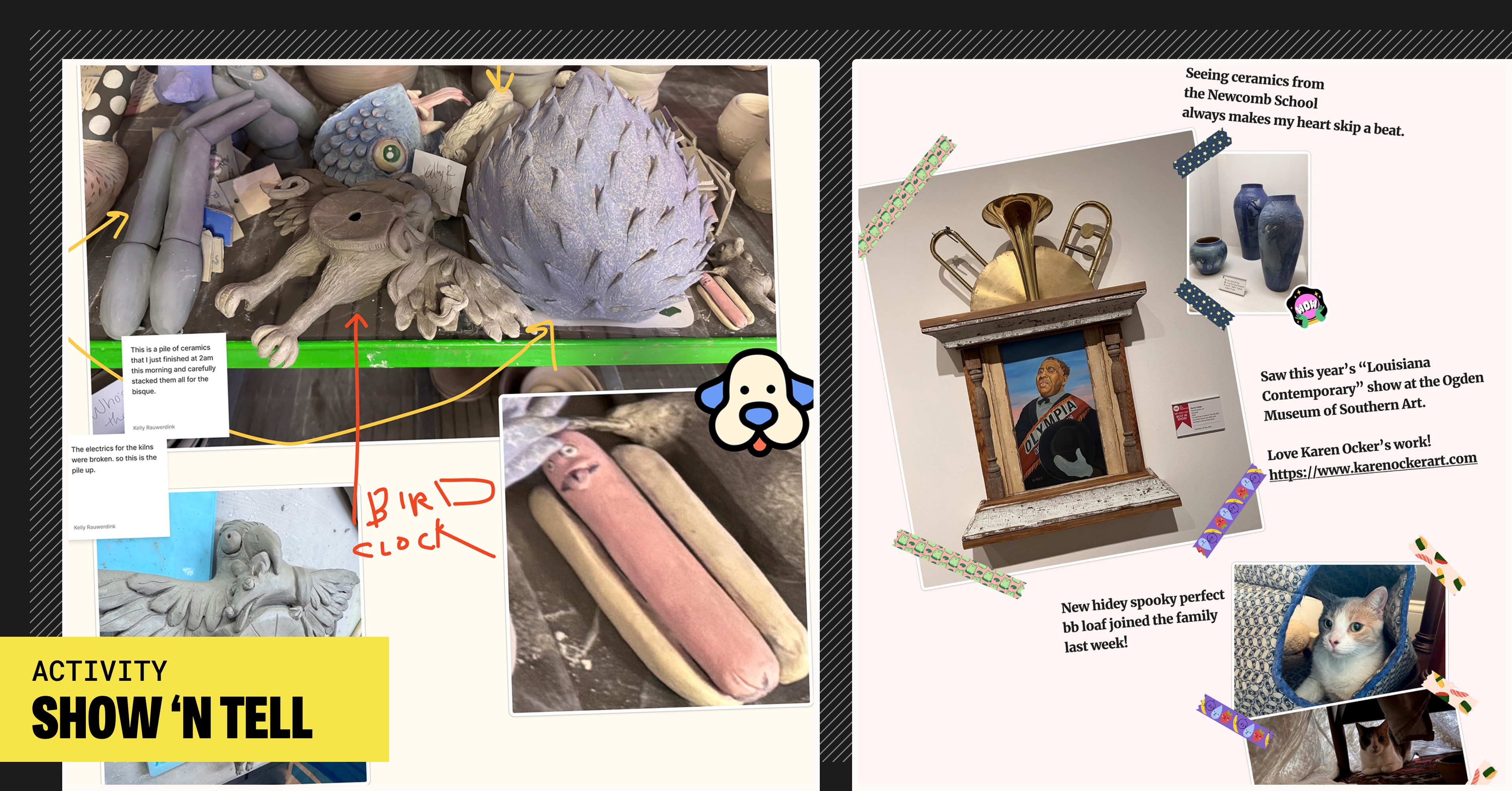 Image depecting a shelf full of ceramic items to be fired, a picture of a museum exhibit, pictures of two cats