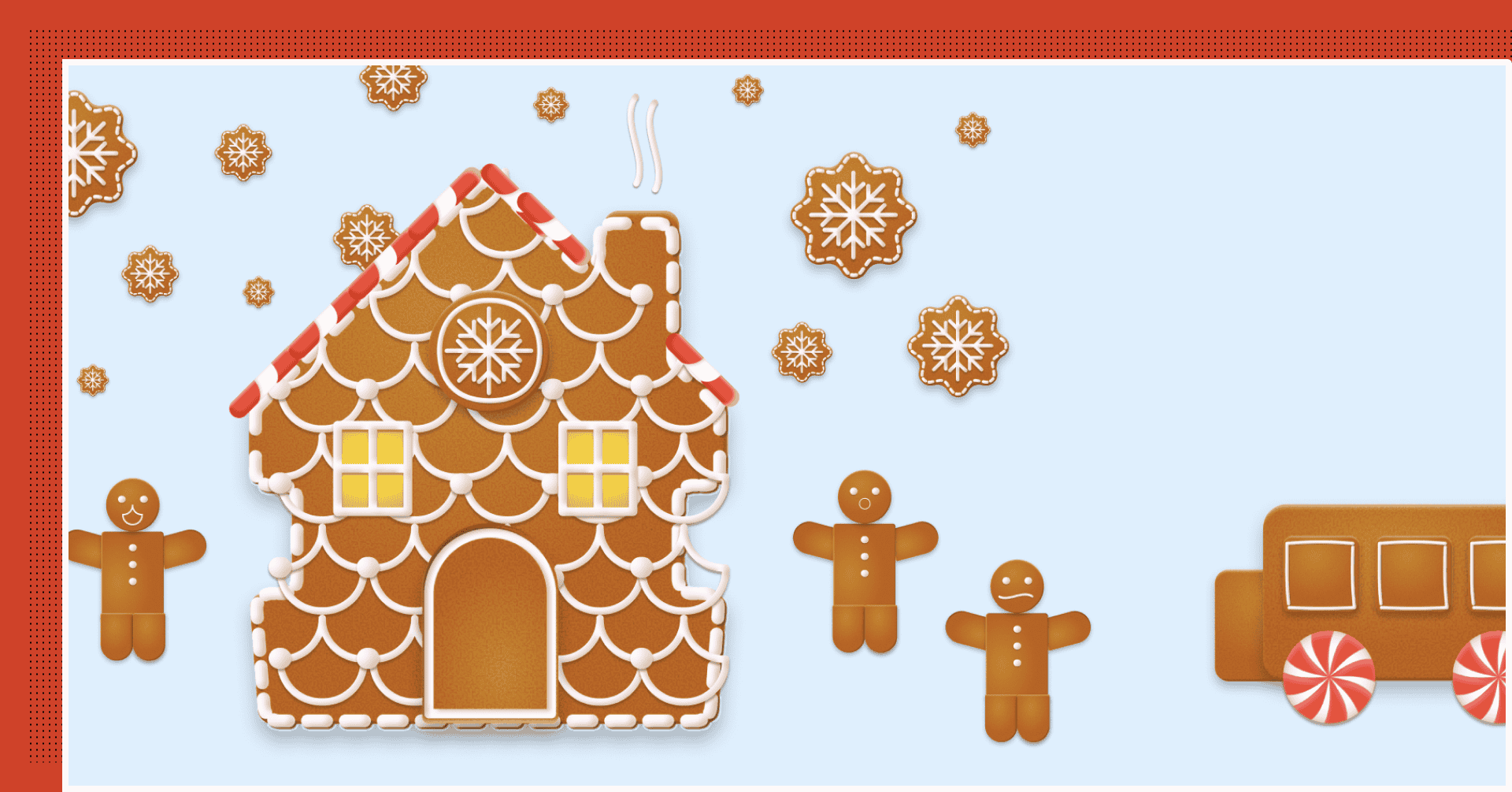 Gingerbread dawned with an exorbitant amount of frosting with gingerbread snowflakes falling on top of gingerbread people next to a gingerbread car with peppermint wheels.