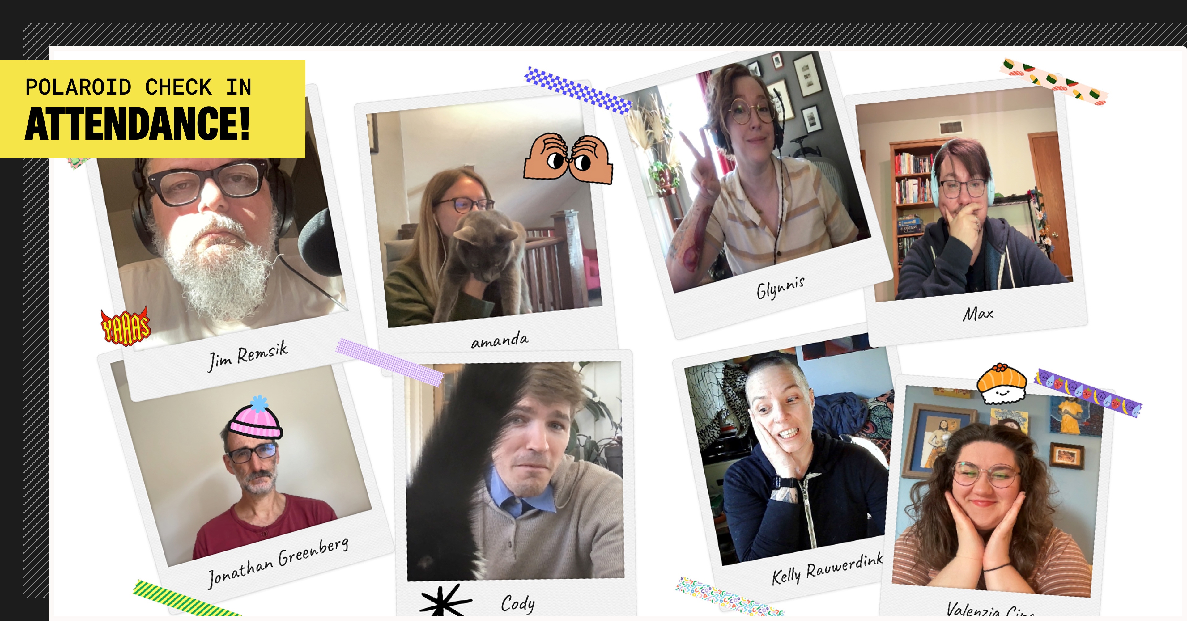 An image that has 8 polaroid pictures of the faces of team members of Flagrant