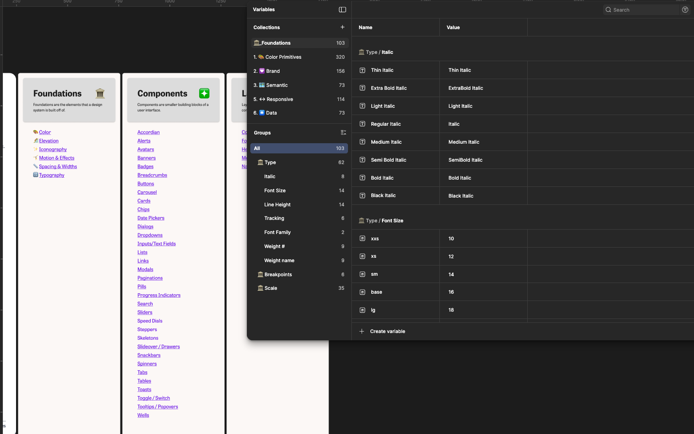 Screen showing variables, components, and assets in a design system.