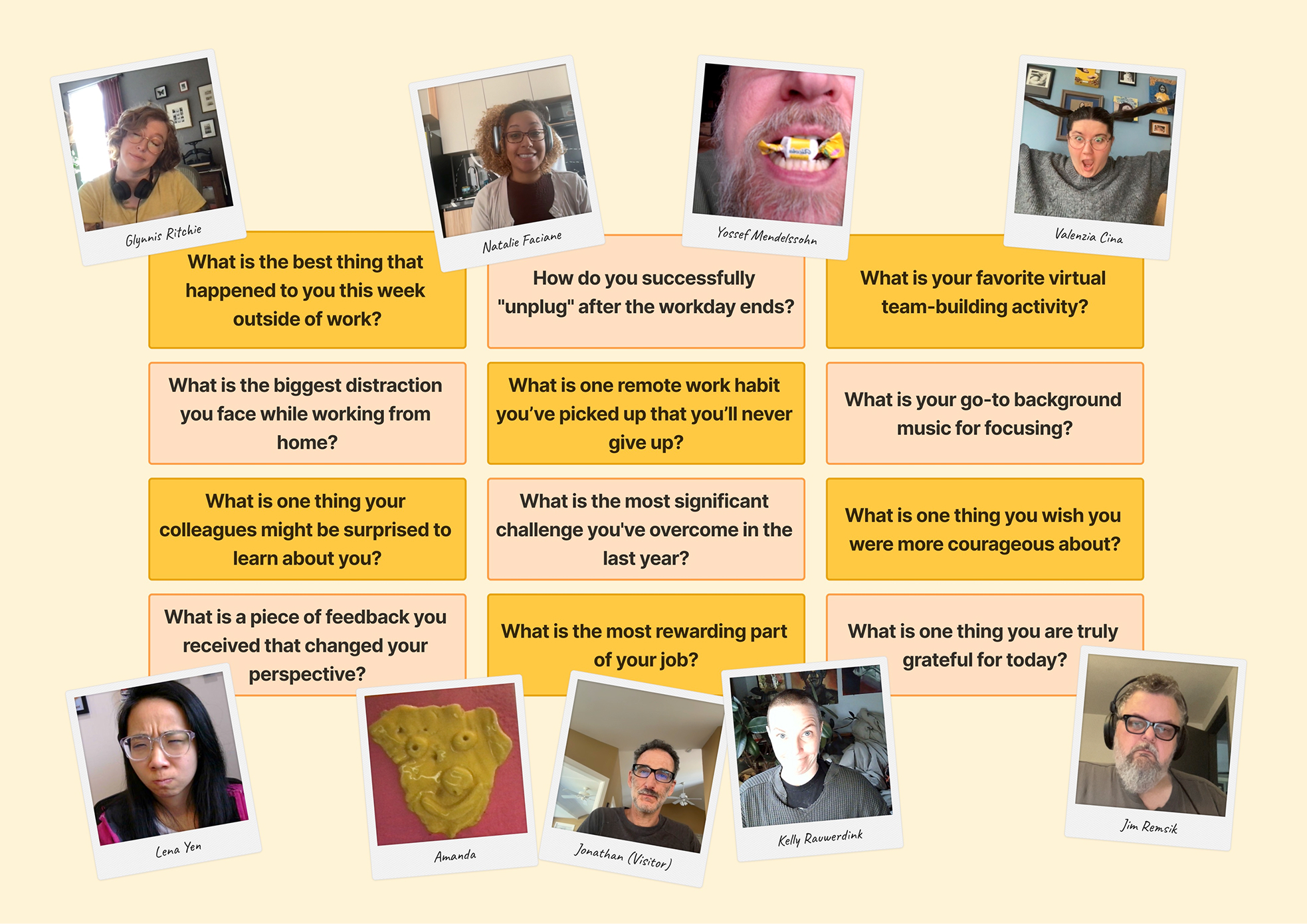 A grid of 12 questions on yellow and cream cards, surrounded by polaroid-style photos of eight team members: Glynnis Ritchie, Natalie Faciane, Yossef Mendelssohn (holding something in his teeth), Valenzia Cina (wearing makeshift antler-like objects on her head), Lena Yen, Amanda (represented by a clay face sculpture), Jonathan (a visitor), Kelly Rauwerdink, and Jim Remsik. The questions include prompts like "What is the best thing that happened to you this week outside of work?" and "What is one thing your colleagues might be surprised to learn about you?"