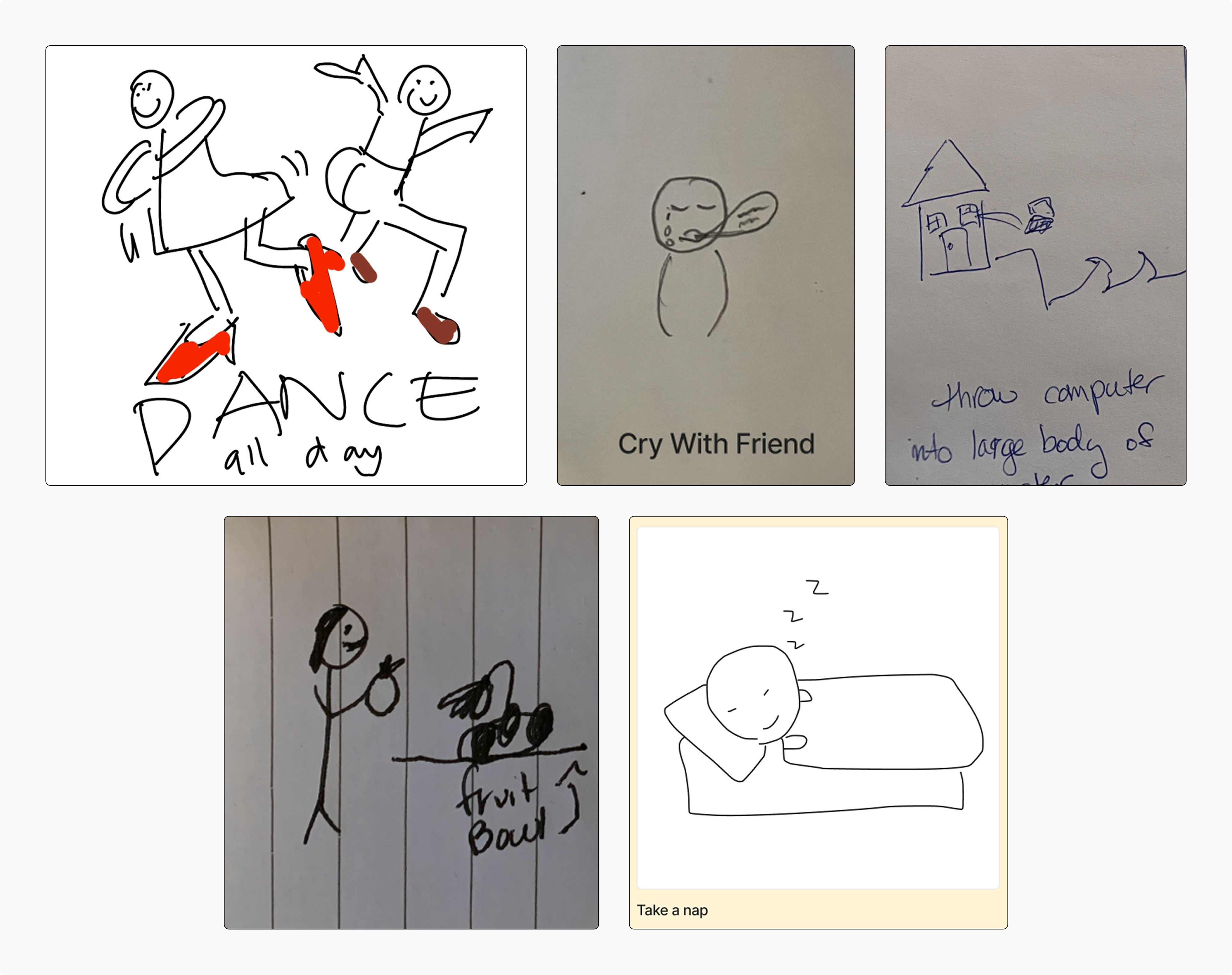 Array of drawings from the Flagrant brainstorming session. Top row from left to right shows two people dancing, crying with a friend, and throwing computer into large body of water. Bottom row from left to right pictures a person grabbing fruit from a bowl and a person taking a nap.